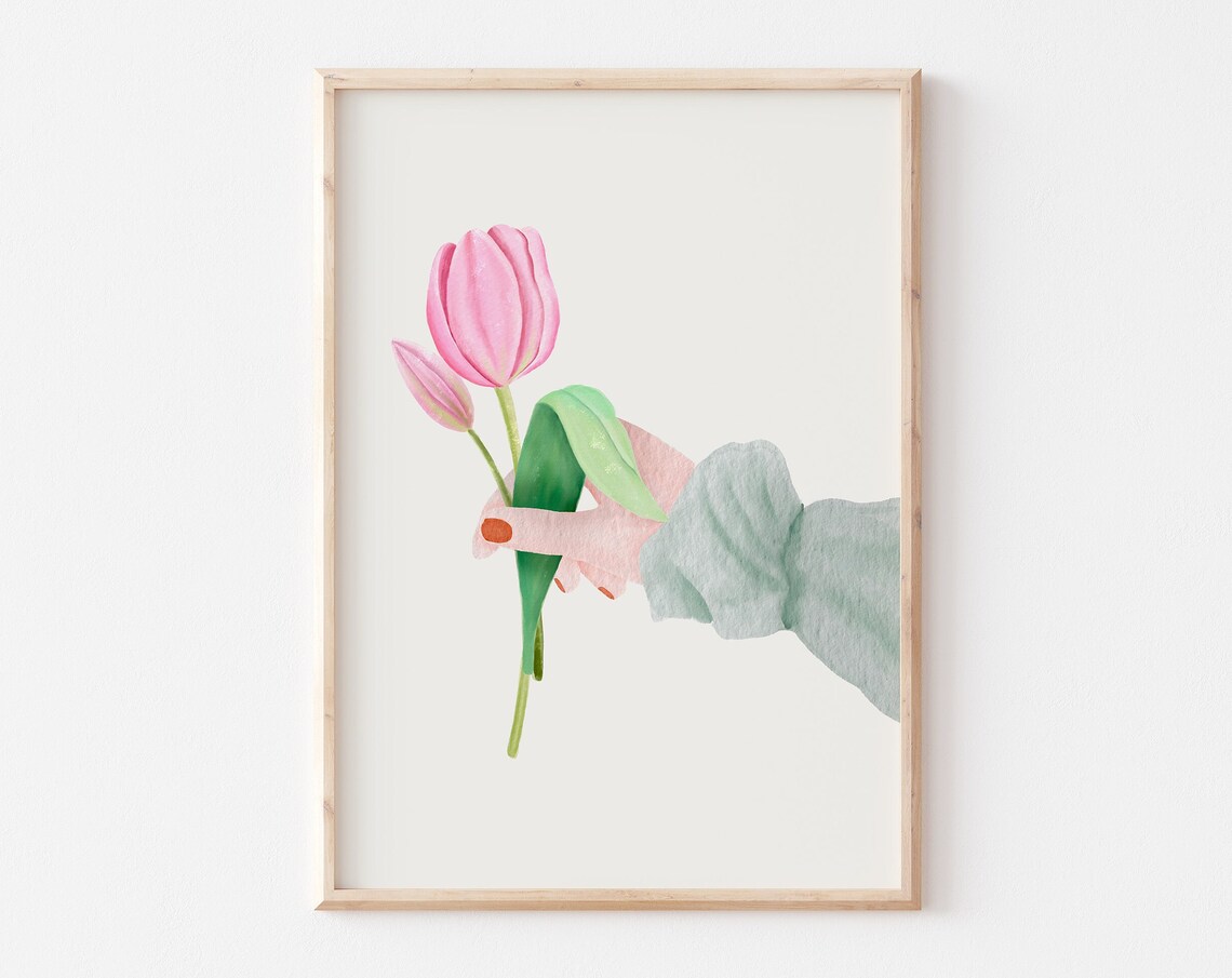 Hand Offering Two Pink Tulips Watercolor Spring Flower Poster
