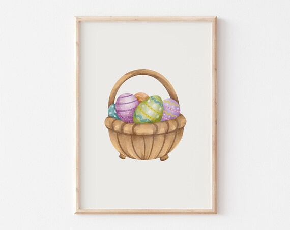 Watercolor Easter Basket Full Of Pastel Painted Eggs Spring Poster