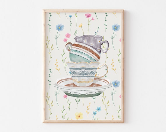 Coffee With Grandma Print Antique Cup Wall Art Trendy Apartment Decor Abstract Vintage Painting Cottagecore Decor Wall Art