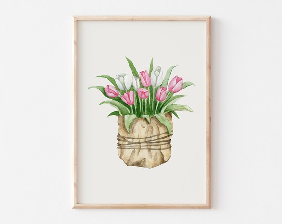 White And Pink Tulips Bouquet Print Watercolor Flowers Print Spring Wall Art Floral Wall Art Cute Spring Decor Tulip Painting
