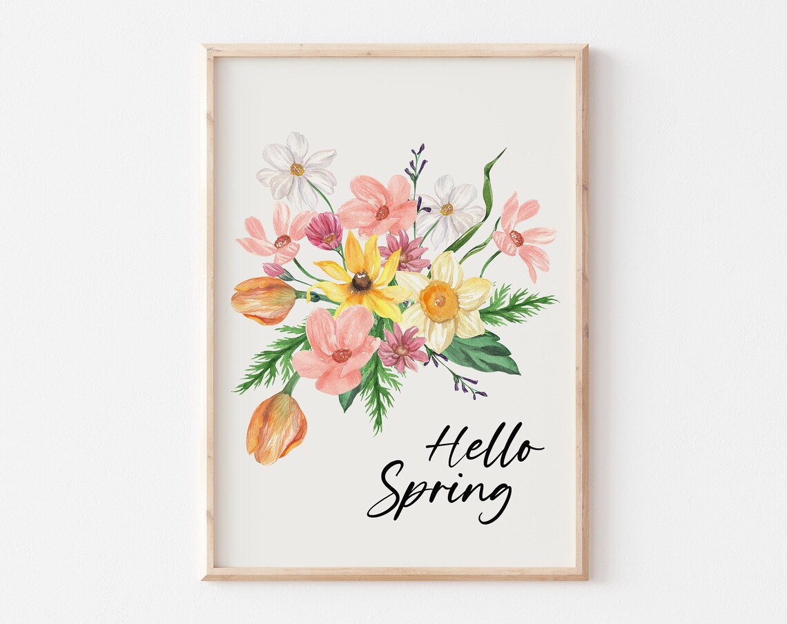 Hello Spring Watercolor Flowers Art Print