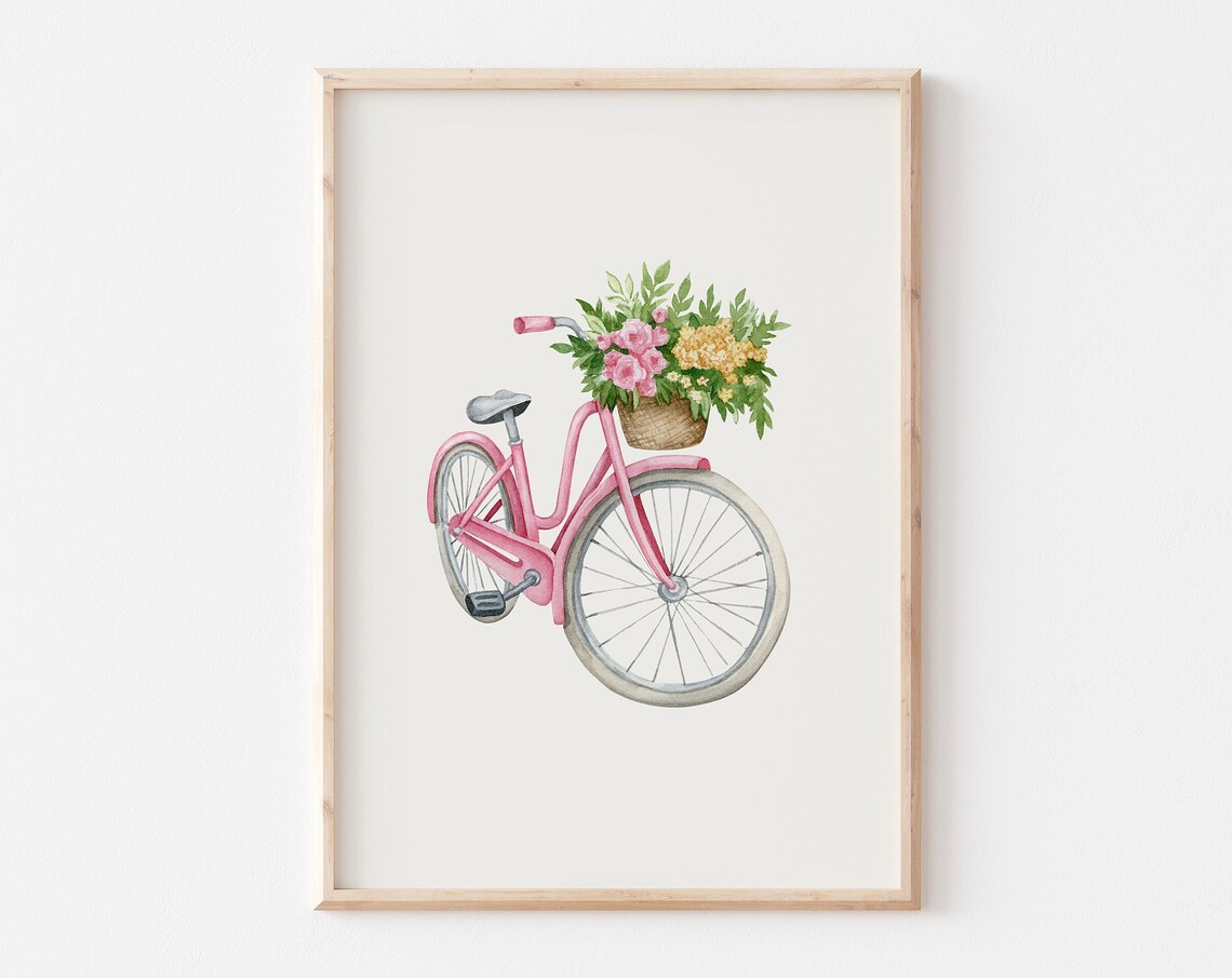 Pink Bicycle With Flower Basket Watercolor Spring Flower Poster
