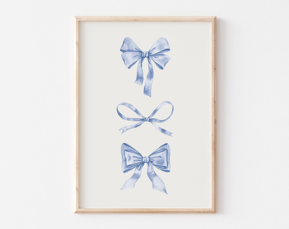 Blue Bow Nursery Art Print, Preppy Balletcore Decor