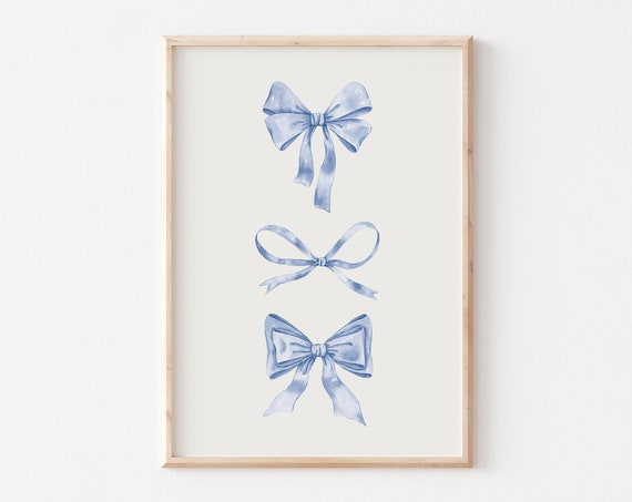 Blue Bow Nursery Art Print, Preppy Balletcore Decor