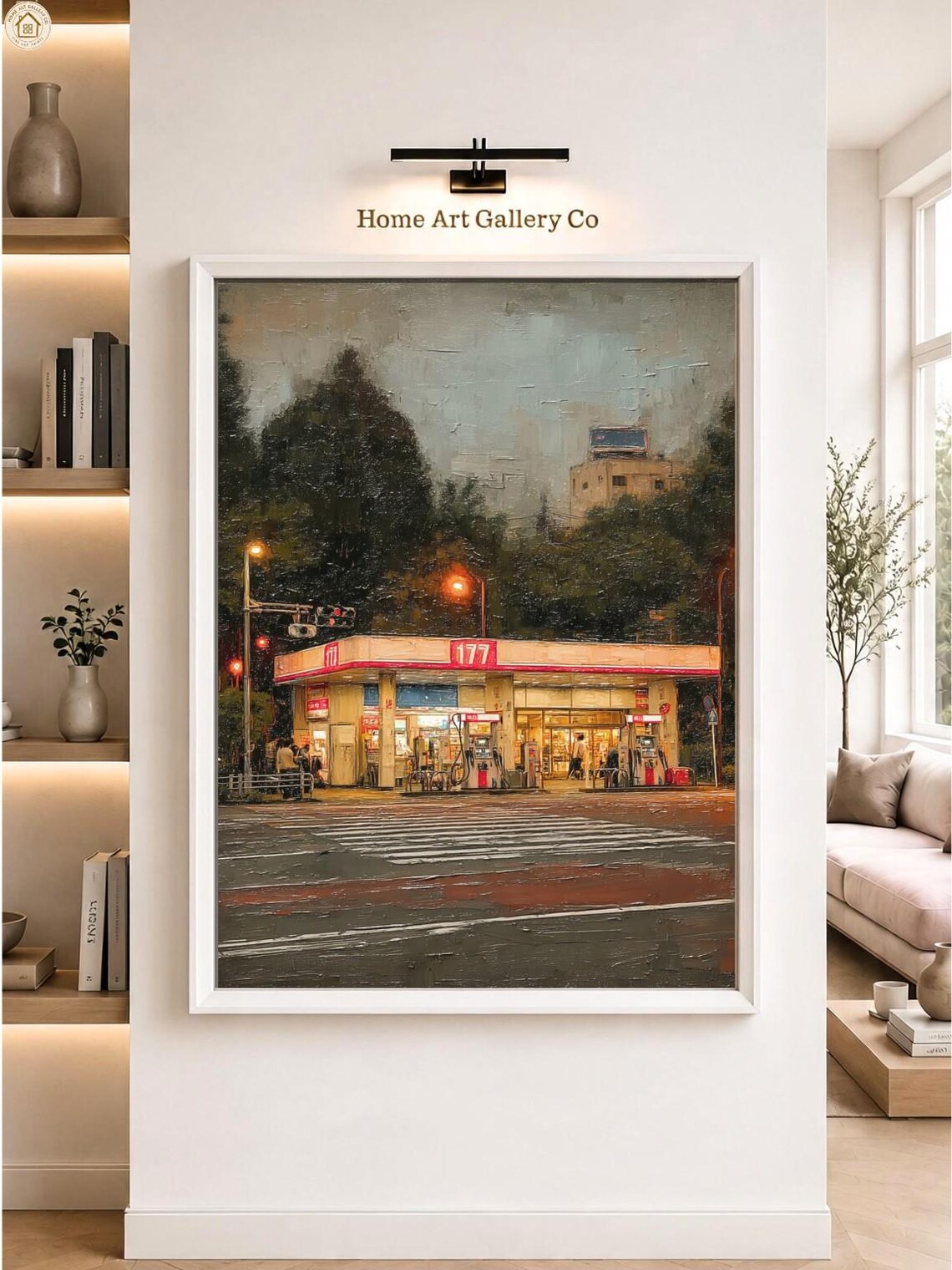 Retro Japanese Gas Station At Night City Pop Oil Painting Tokyo Street Poster