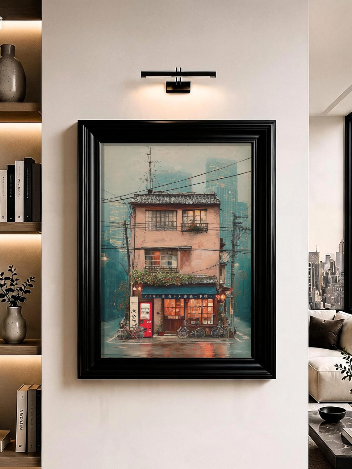 Rainy Tokyo Street Shop Night Lights Japanese Cityscape Art Poster