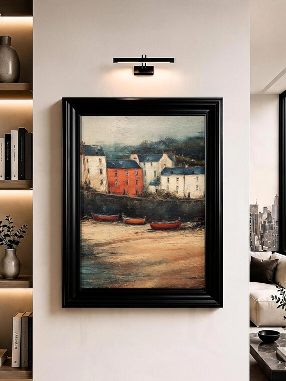 Impasto Harbour Village Wall Art Fishing Boats Coastal Oil Painting Print