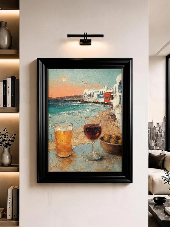 Greek Island Wine Beer Wall Art Mediterranean Oil Painting Print
