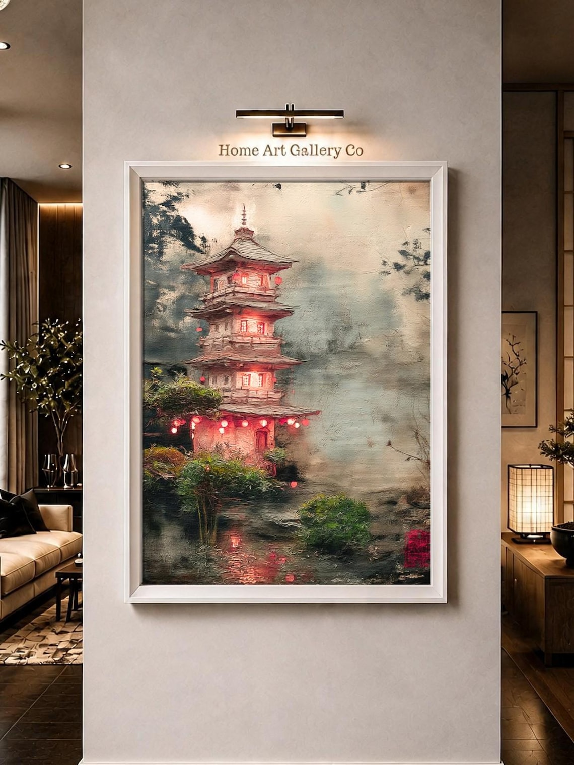 Japanese Pagoda Temple Glowing With Red Lanterns At Dusk Asian Art Poster
