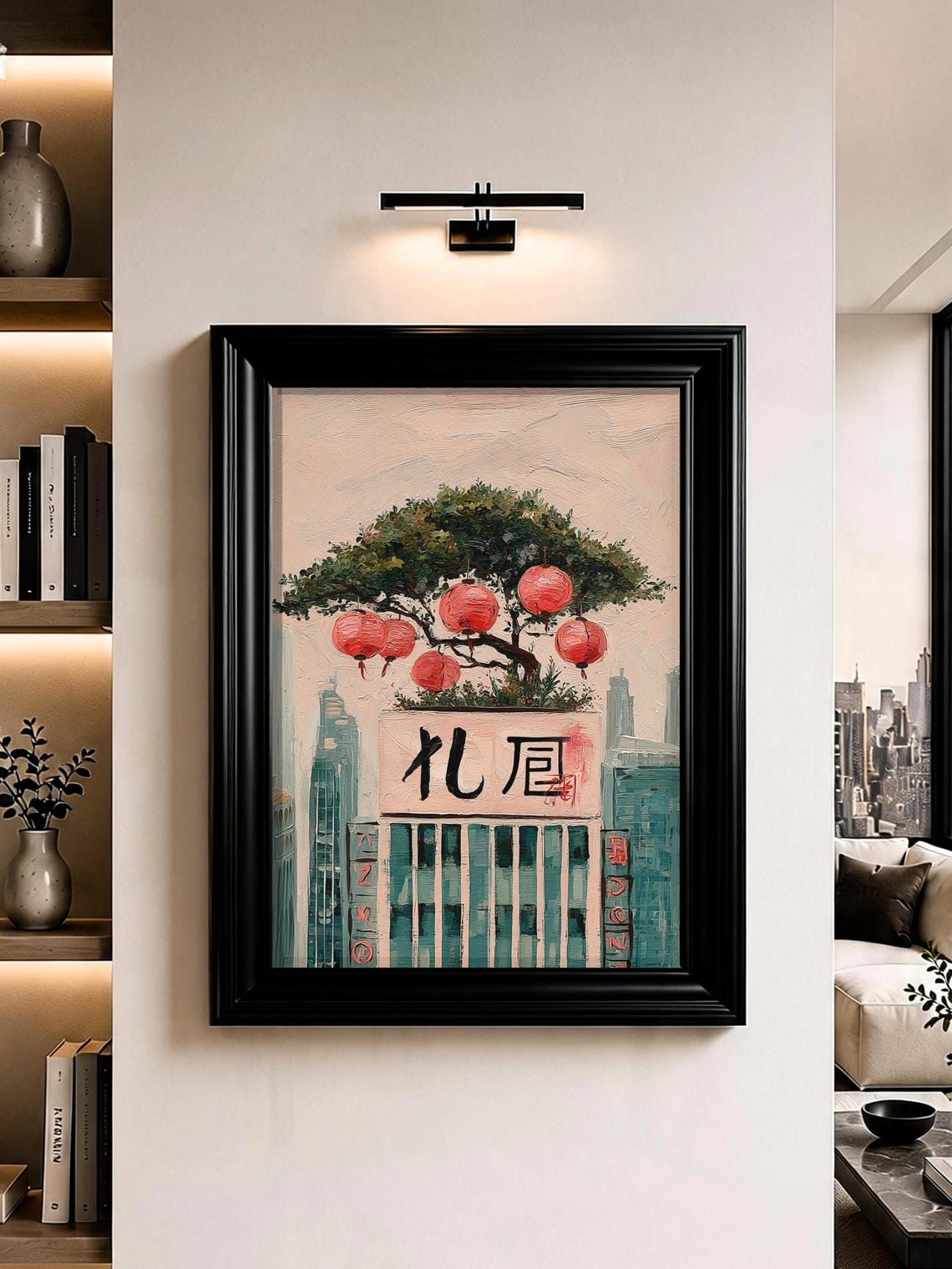 Tokyo Rooftop Pine Lanterns Night Oil Painting Wall Art Home Decor