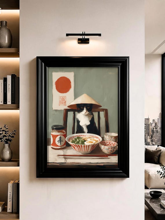 Japanese Ramen Cat Wall Art Funny Oil Painting Print