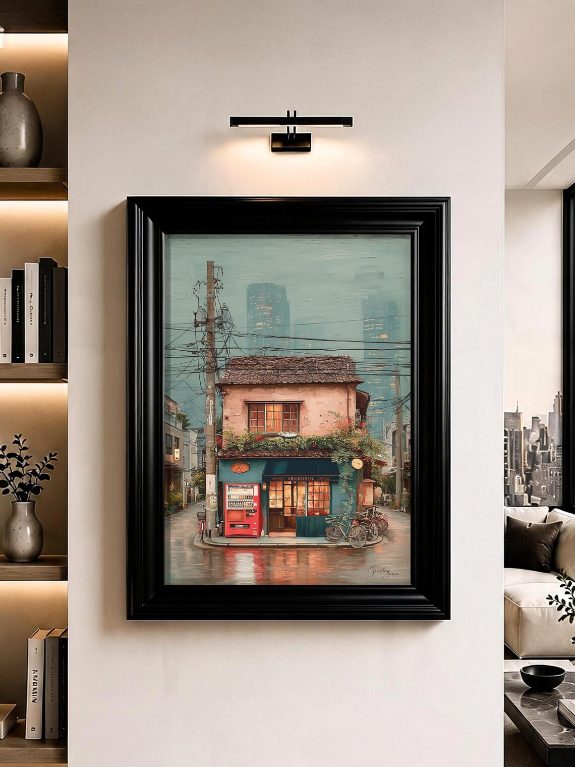 Tokyo Corner Shop Rainy Night Street Scene Oil Painting Poster