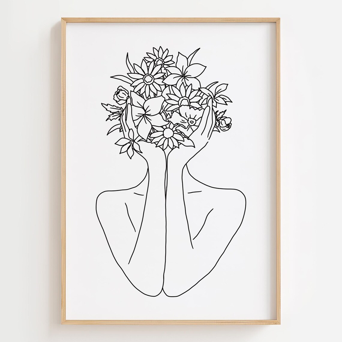 Woman Torso Wildflower Bouquet Modern Minimalist Line Art Poster