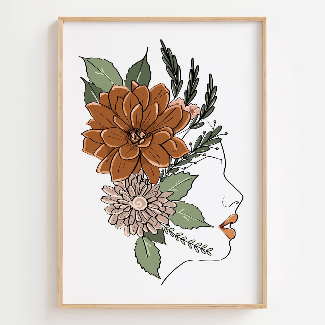 Woman Profile Autumn Flower Crown Line Art Botanical Wall Poster