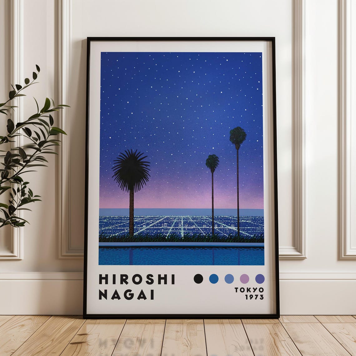 Hiroshi Nagai 1975 Tokyo Starry Night Palm Trees Vintage Poster