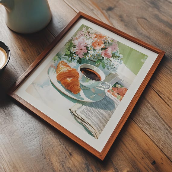 Coffee Kitchen Art Croissant Breakfast Wall Decor French Cafe Print Digital Download