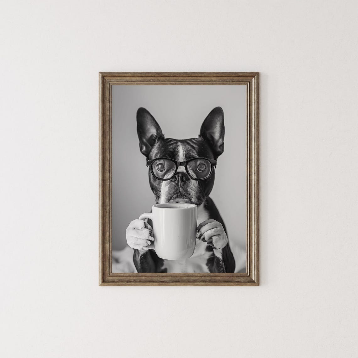 Boston Terrier Wearing Glasses Holding Coffee Mug Funny Dog Poster - Image 2