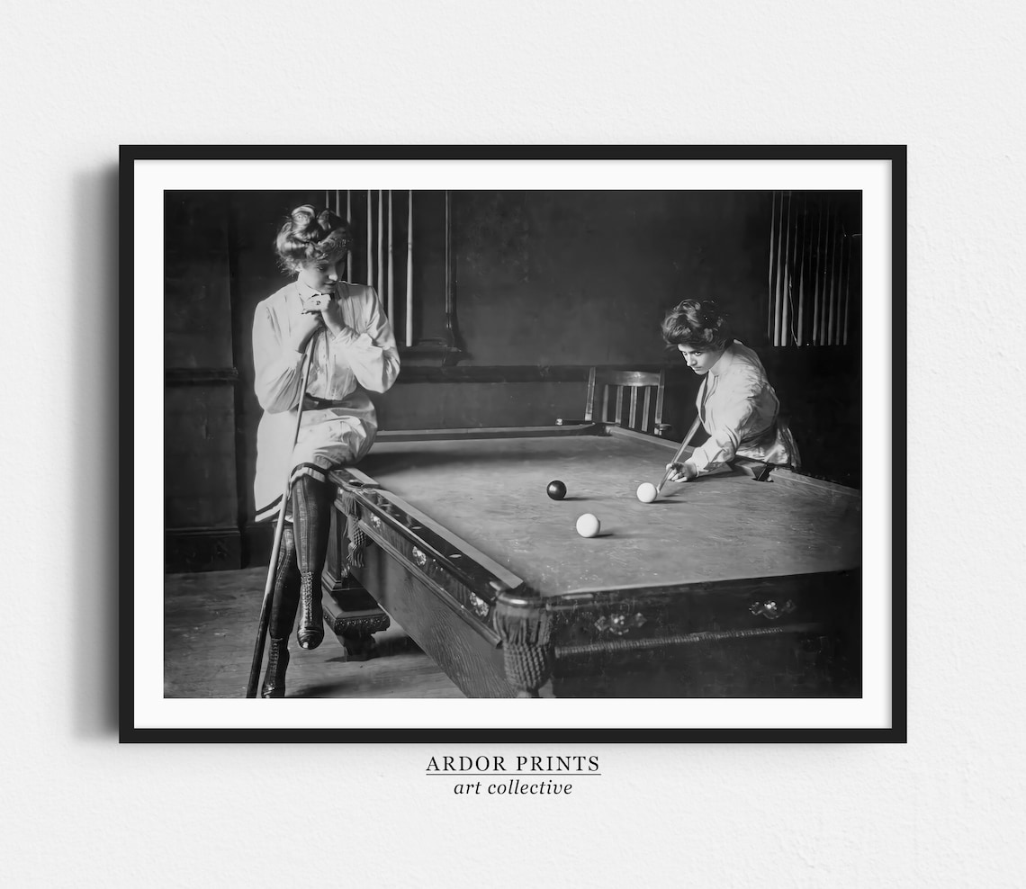 Two Young Women Playing Billiards Vintage Art Print