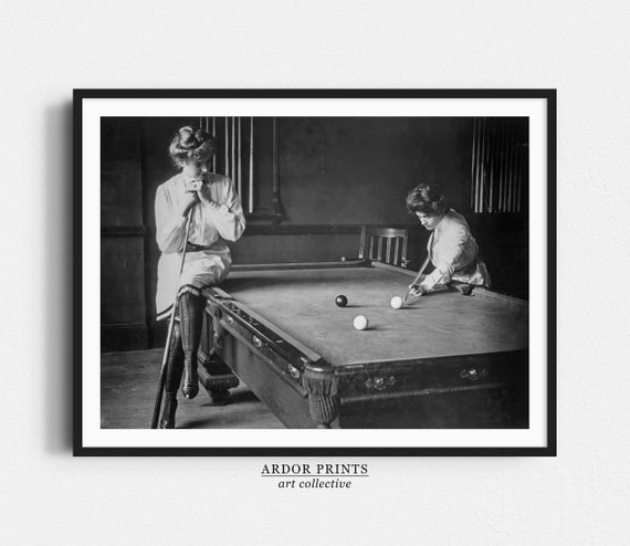 Two Young Women Playing Billiards Vintage Art Print