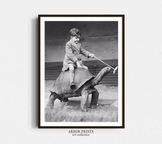 Boy Riding Pet Tortoise Vintage Photo Humor Print