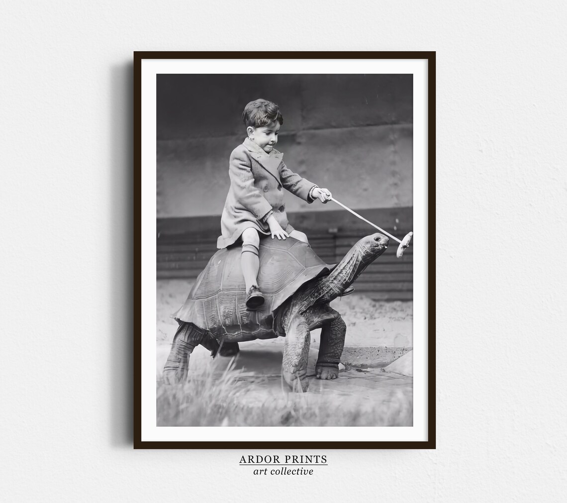 Boy Riding Pet Tortoise Vintage Photo Humor Print