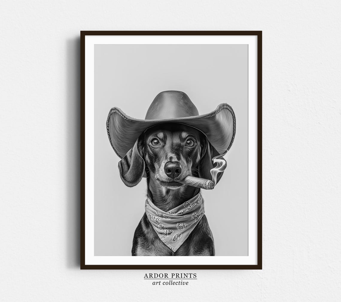 Dachshund Cowboy Hat Cigar Funny Western Dog Portrait Photo Poster