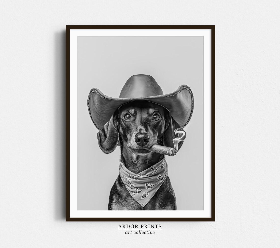 Dachshund Cowboy Wall Art Western Print Black And White Print Dog Owner Gift Western Dog Art Vintage Dog Poster Trendy Retro Decor