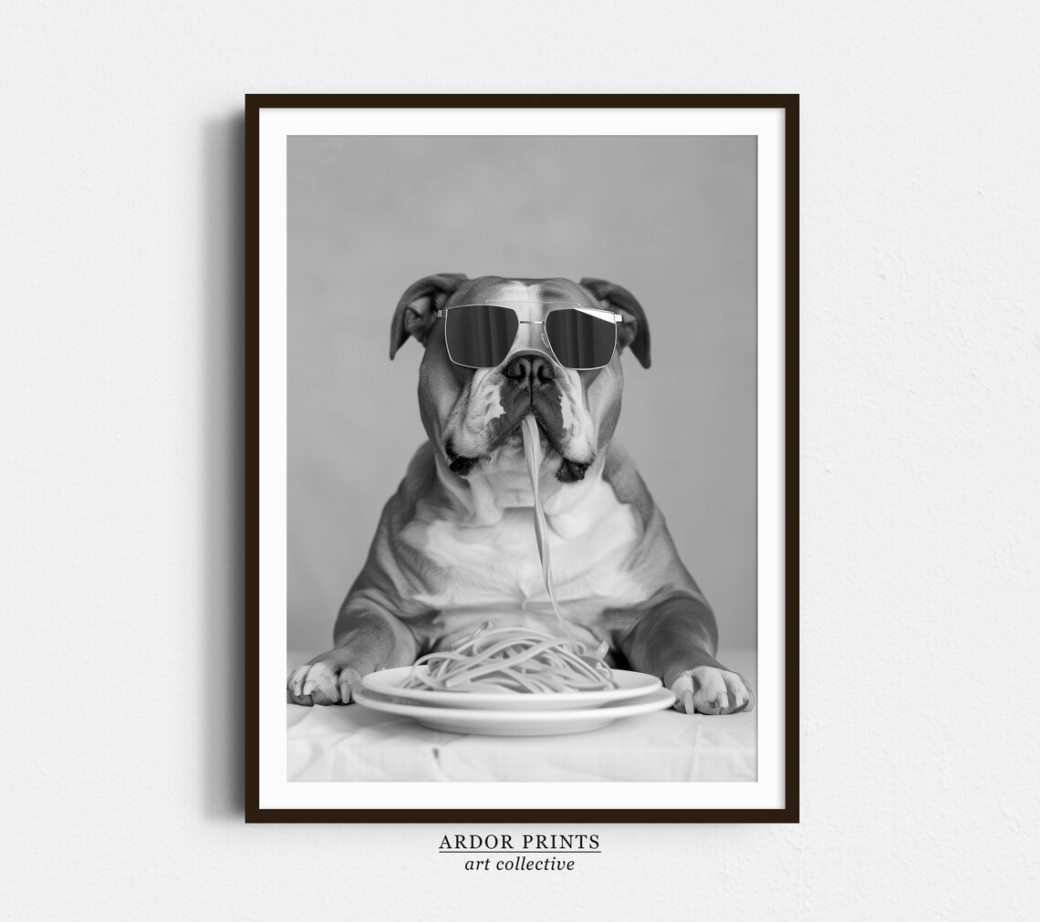 English Bulldog Eating Pasta, Funny Food Art Print