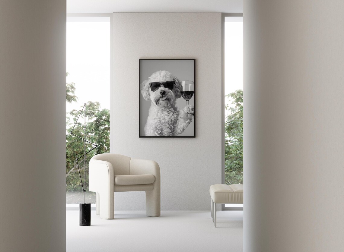 Cavachon Drinking Wine Black And White Art Print - Image 3