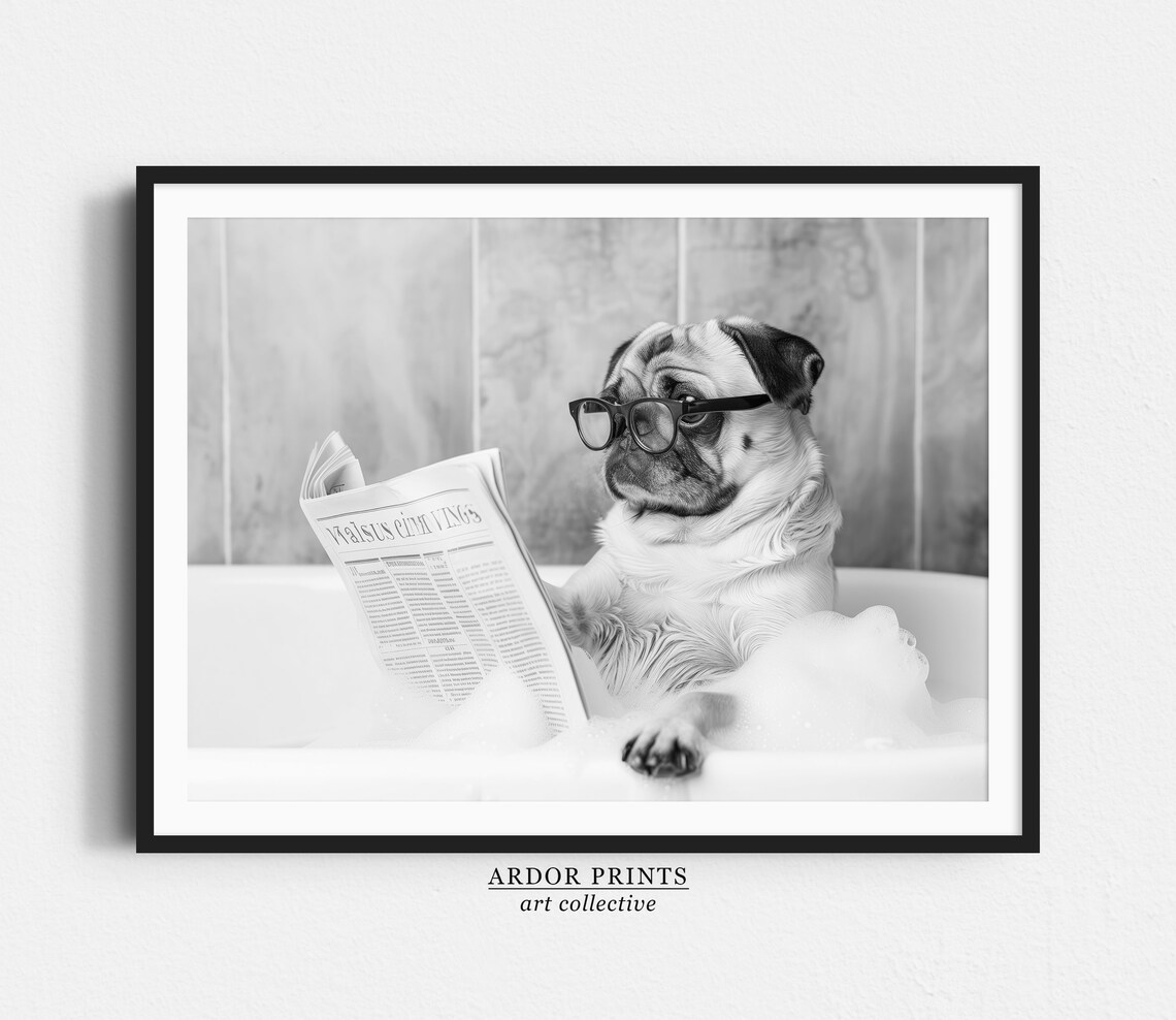Pug In Bathtub Black And White Funny Bathroom Art Print