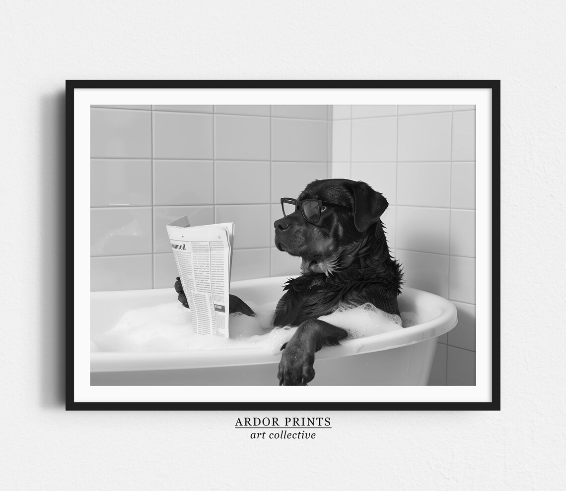 Rottweiler In Bathtub Funny Bathroom Dog Art Print