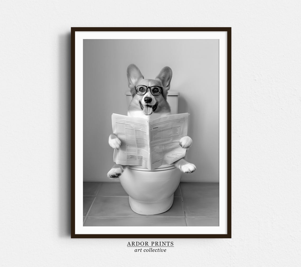 Corgi Reading Newspaper on Toilet Black and White Funny Dog Poster