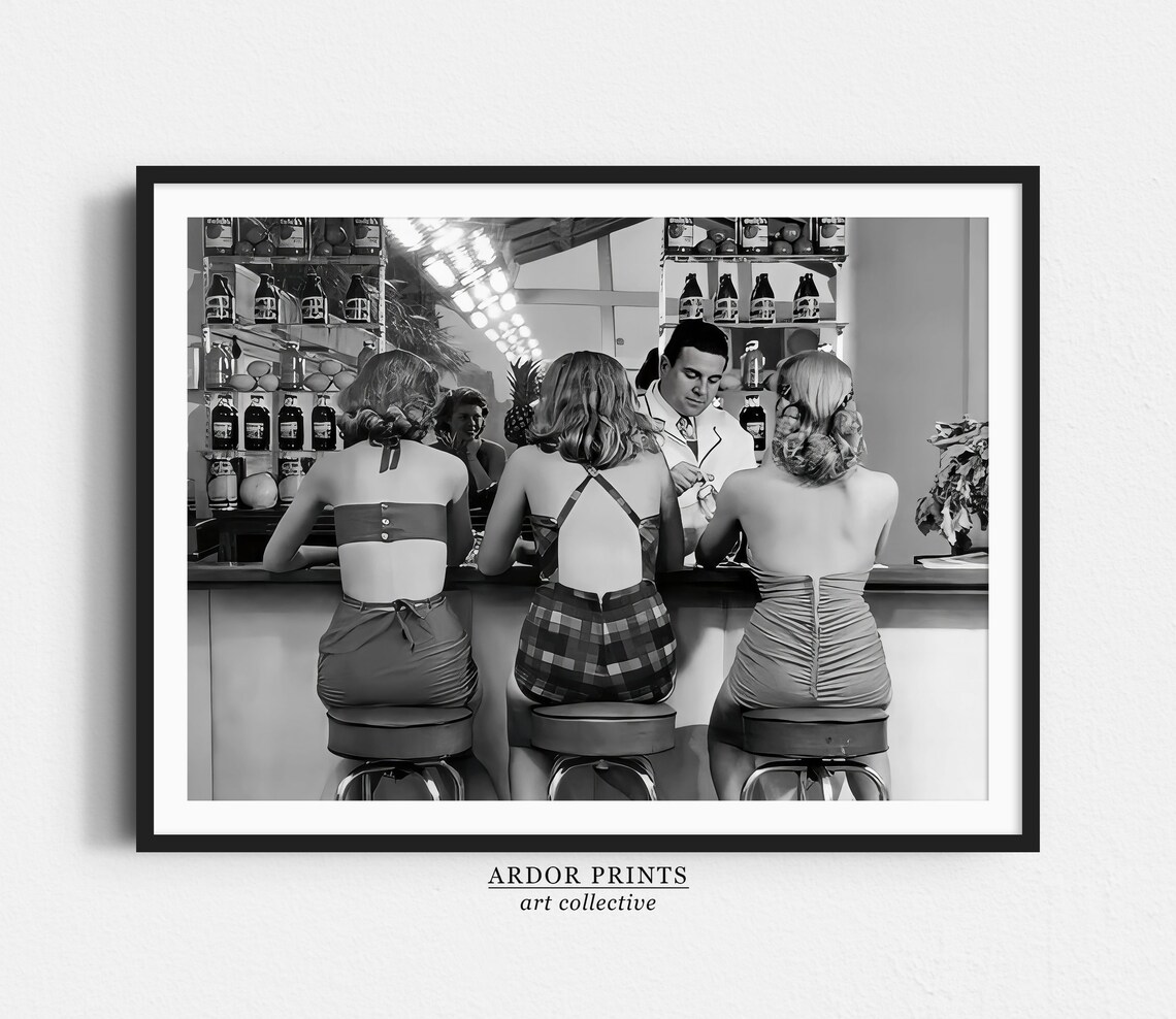 Women Drinking at Bar, Vintage Black and White Art Print