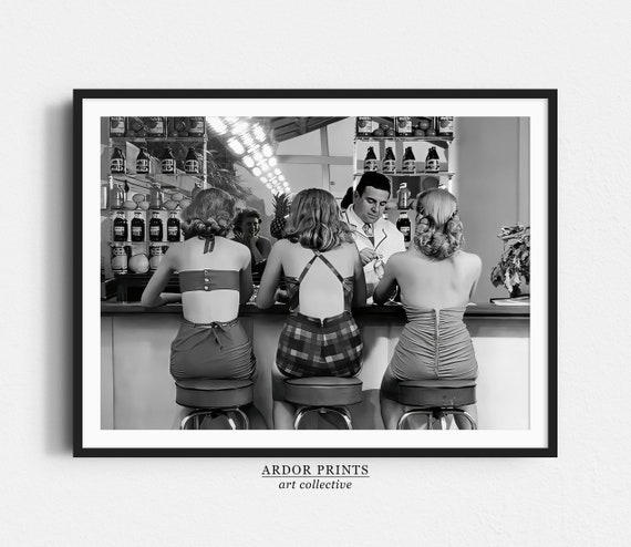 Women Drinking at Bar, Vintage Black and White Art Print