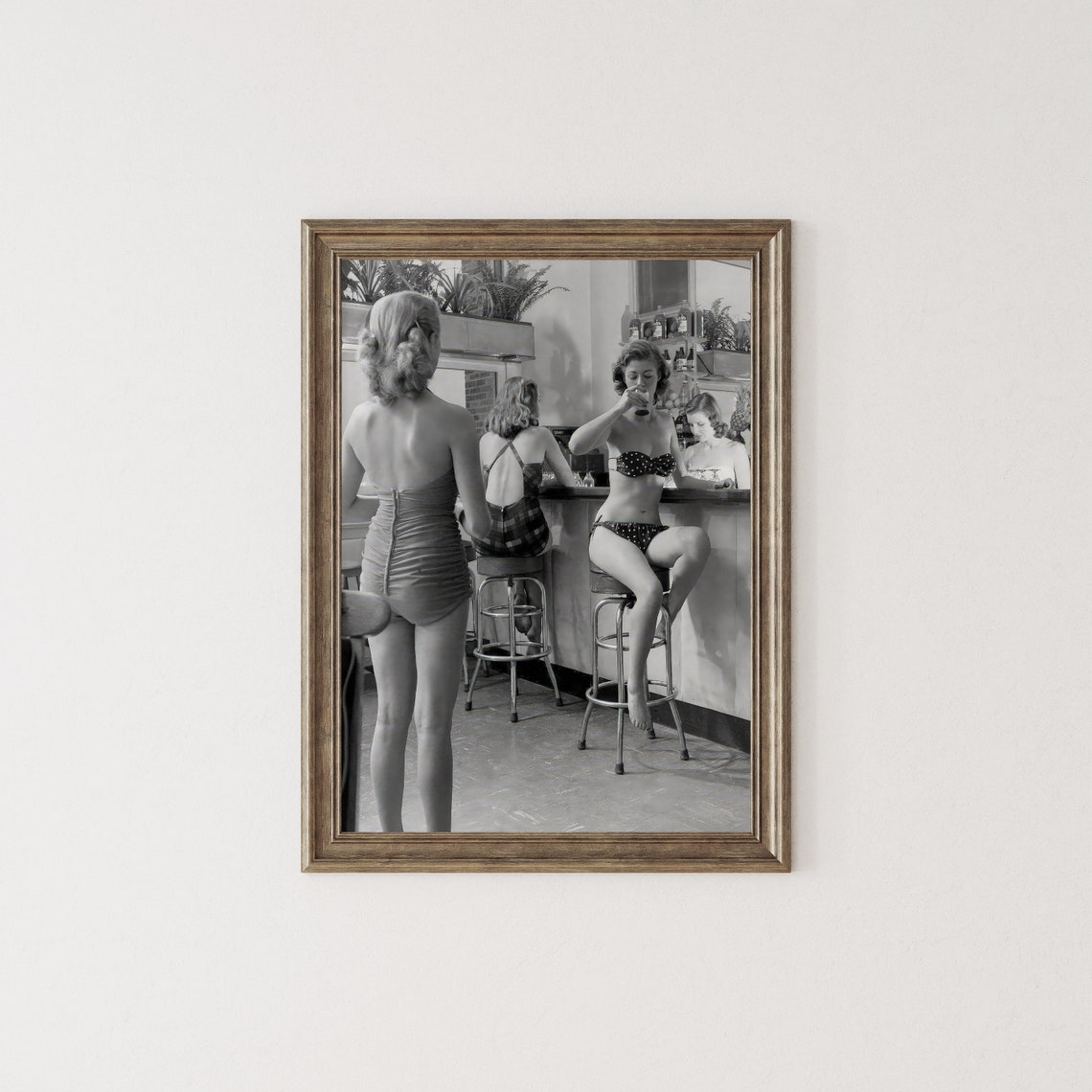 Vintage Women in Swimsuits Drinking at Bar Black and White Poster - Image 2