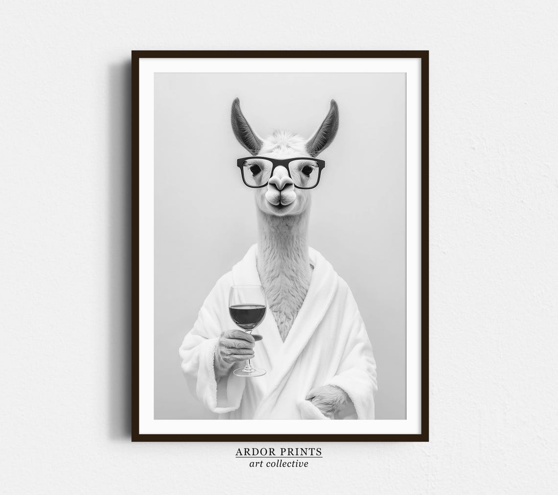 Llama in Bathrobe With Glasses Holding Wine Glass Funny Poster
