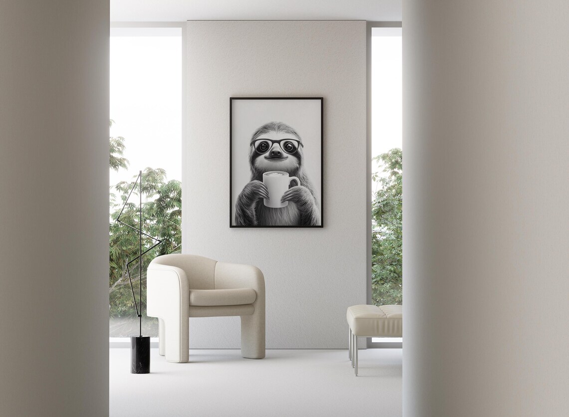 Sloth Drinking Coffee Black And White Art Print - Image 3