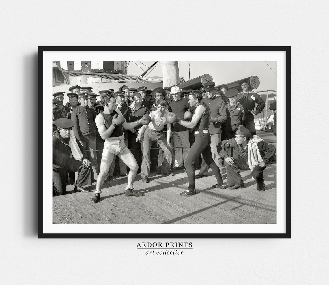 Vintage Navy Sailors Boxing Match On Ship Deck Old Photo Poster