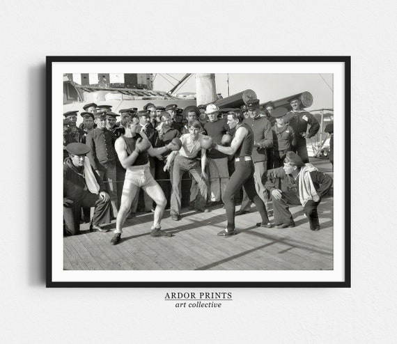 Men Boxing On Navy Ship Wall Art Vintage Sailors Sparring Match Old Photo Black And White Print Man Cave Poster Retro Wall Decor