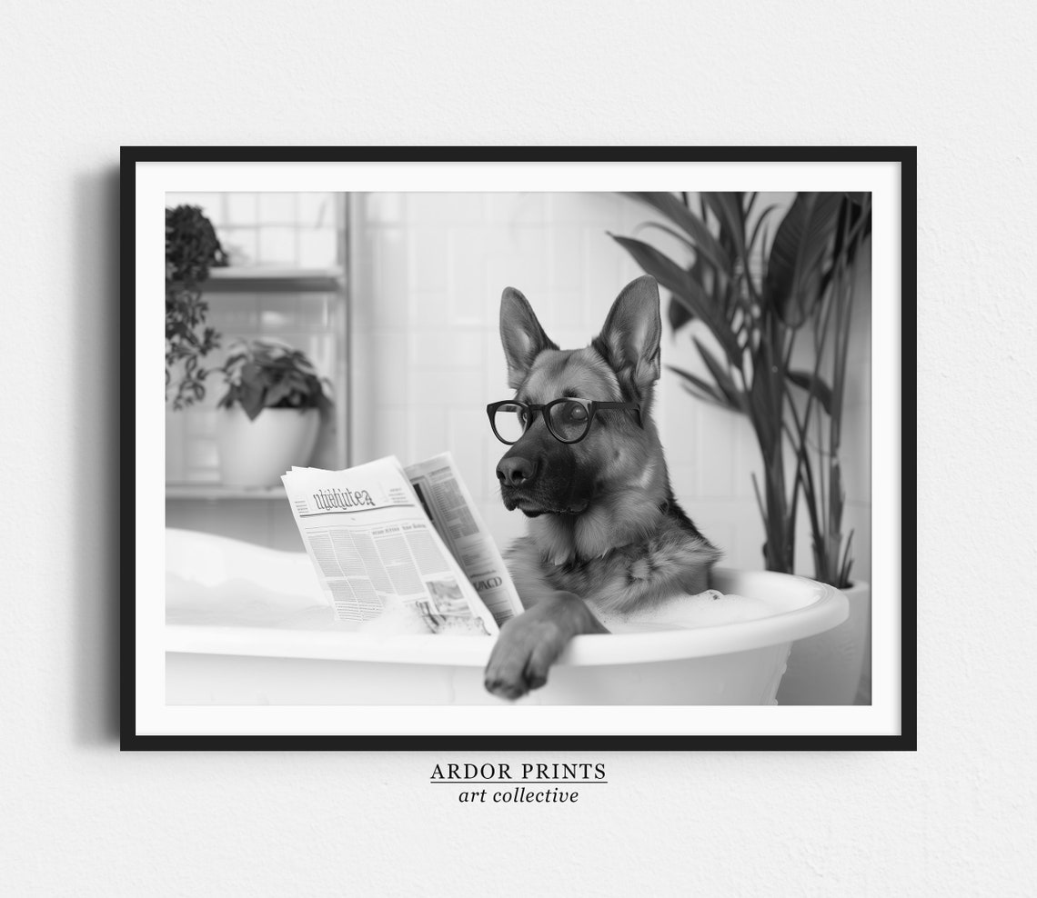 German Shepherd Reading Newspaper in Bubble Bath Funny Poster