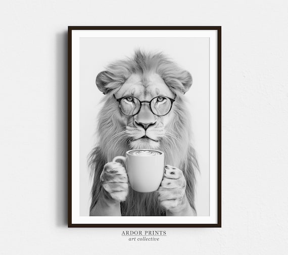 Lion Wearing Glasses Holding Coffee Cup Black And White Animal Poster