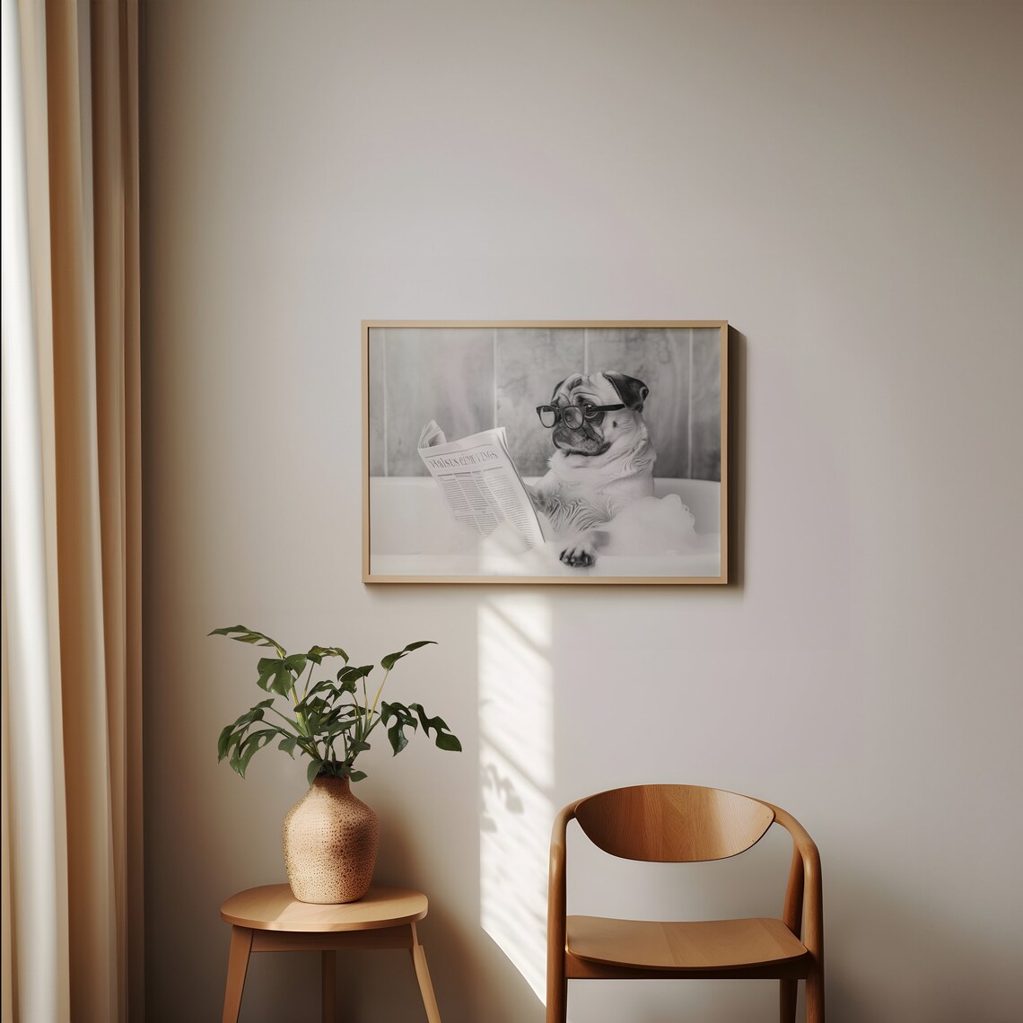 Pug In Bathtub Black And White Funny Bathroom Art Print - Image 2