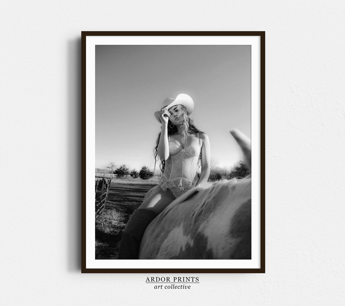 Woman in Lingerie and Cowboy Hat Riding Horse Black White Poster