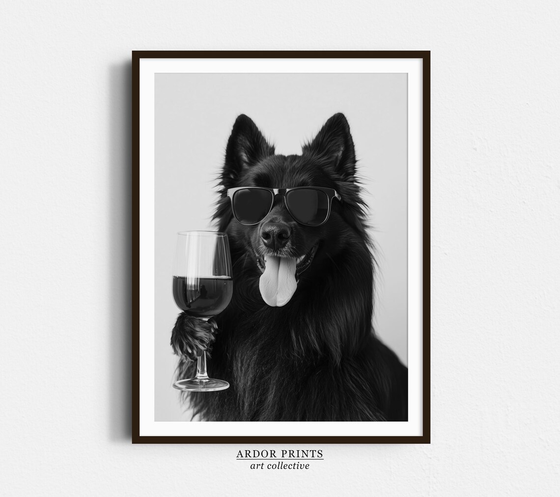 Belgian Sheepdog Drinking Wine, Black And White Art Print