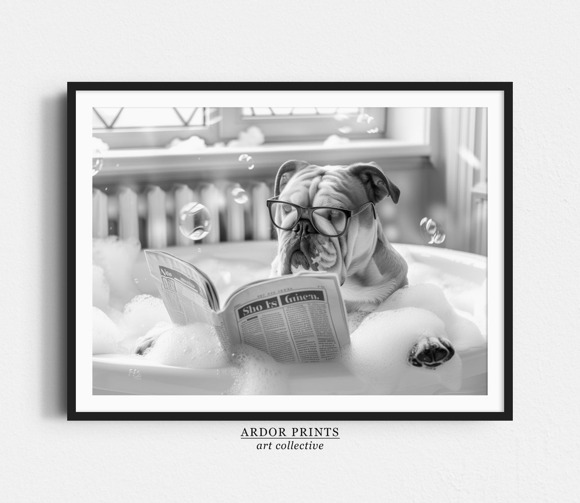English Bulldog Reading Newspaper in Bubble Bath Funny Poster