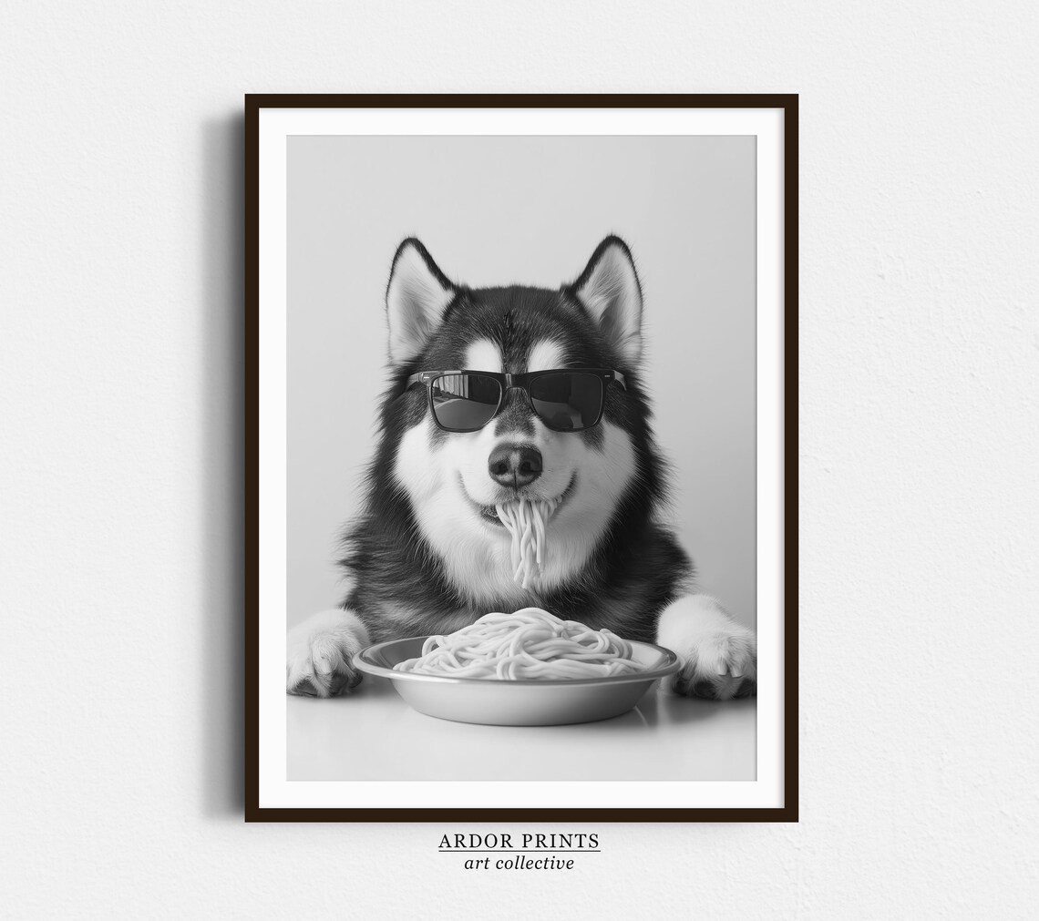 Alaskan Malamute Eating Pasta, Funny Dog Art Print