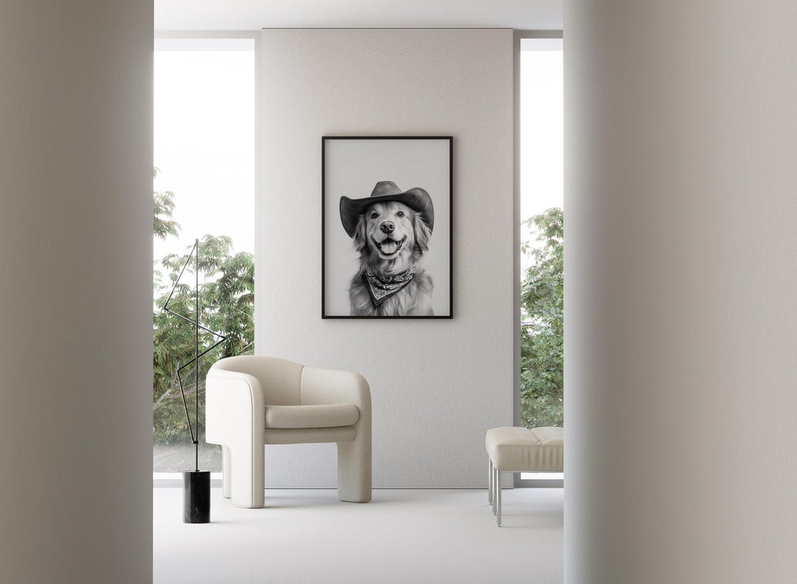 Golden Retriever Cowgirl Hat Print Western Art Black And White Wall Art Dog Gift Western Decor Vintage Dog Poster Trendy Cowboy Decor - Image 3