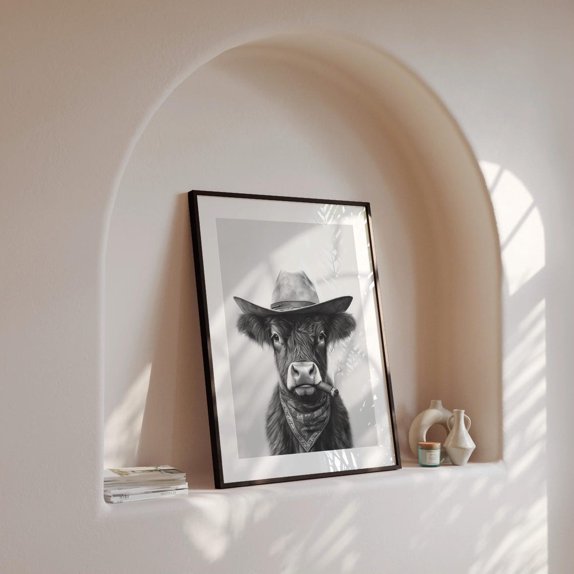 Highland Cow Cowboy Wall Art Western Print Black And White Print Highland Cow Western Art Vintage Animal Poster Trendy Retro Decor - Image 4
