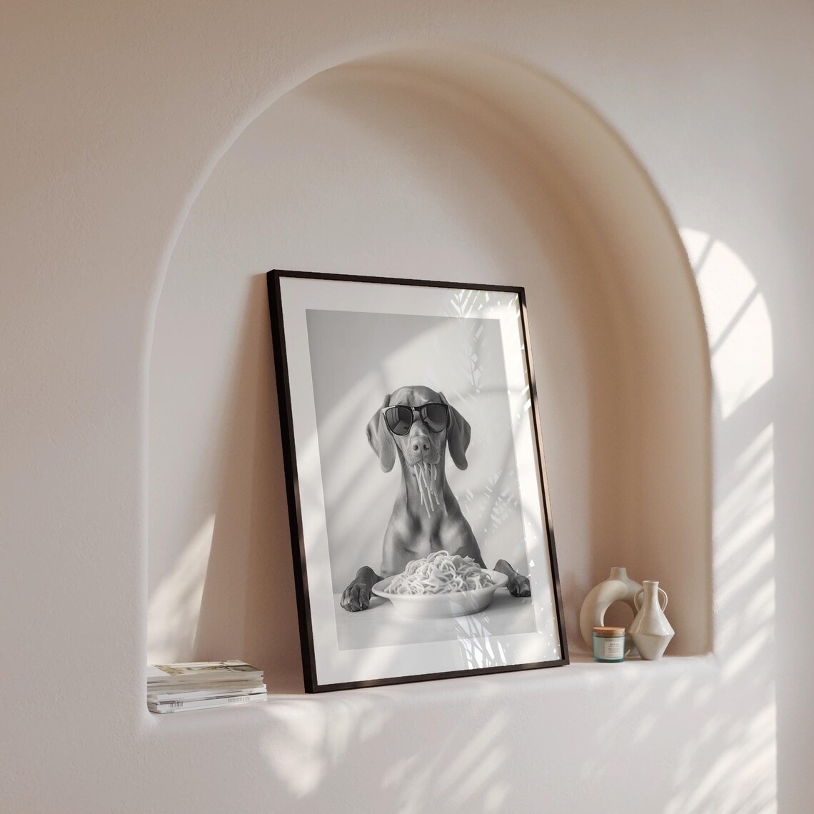 Vizsla Eating Pasta Black And White Poster Print - Image 4