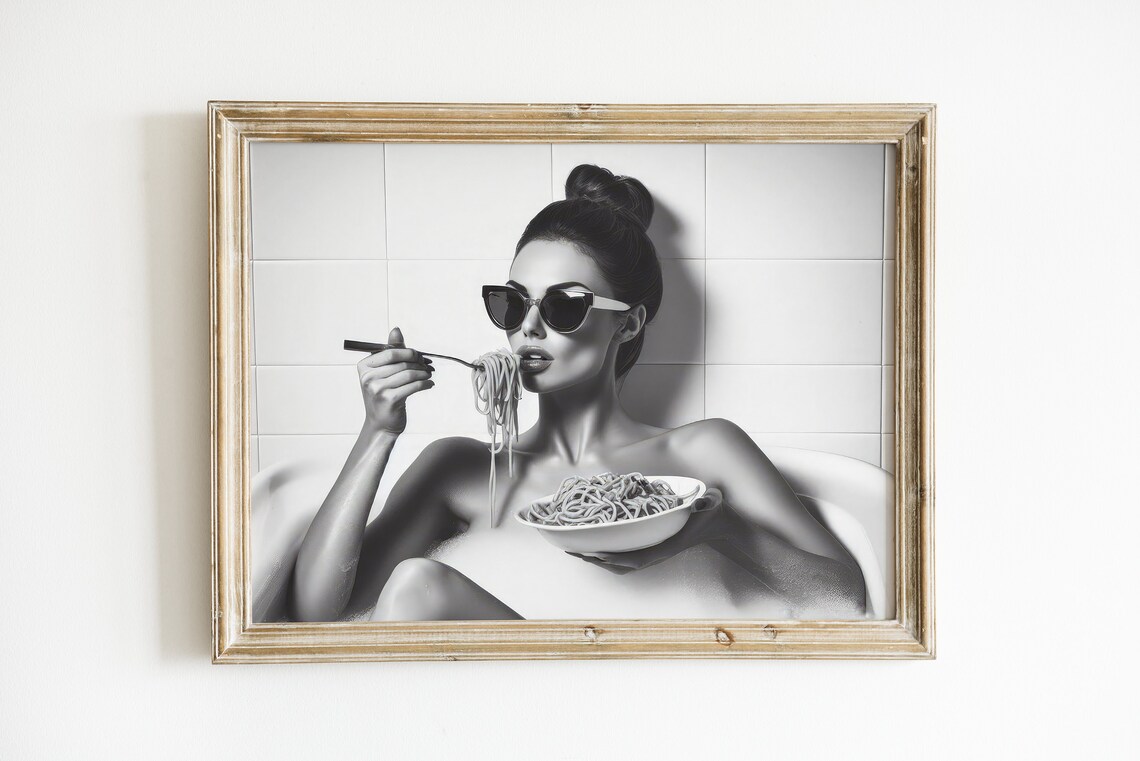 Woman Eating Spaghetti In Bathtub Art Print - Image 3
